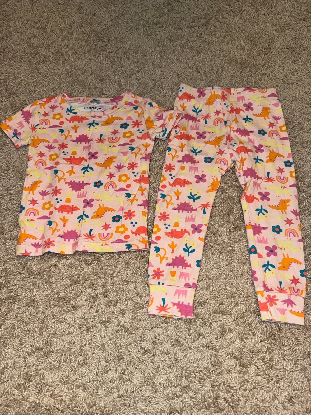 Old Navy Pink Dinosaur Rainbow Pajama Set with Multicolor Prints